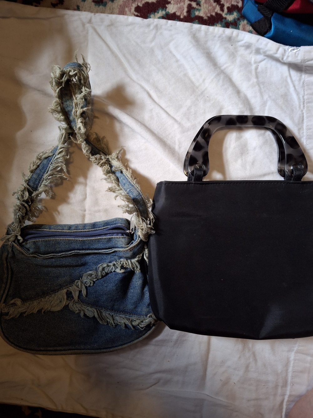 2 Bag Lot Y2K Distressed Denim Purse & Black Tortoiseshell Handle Handbag